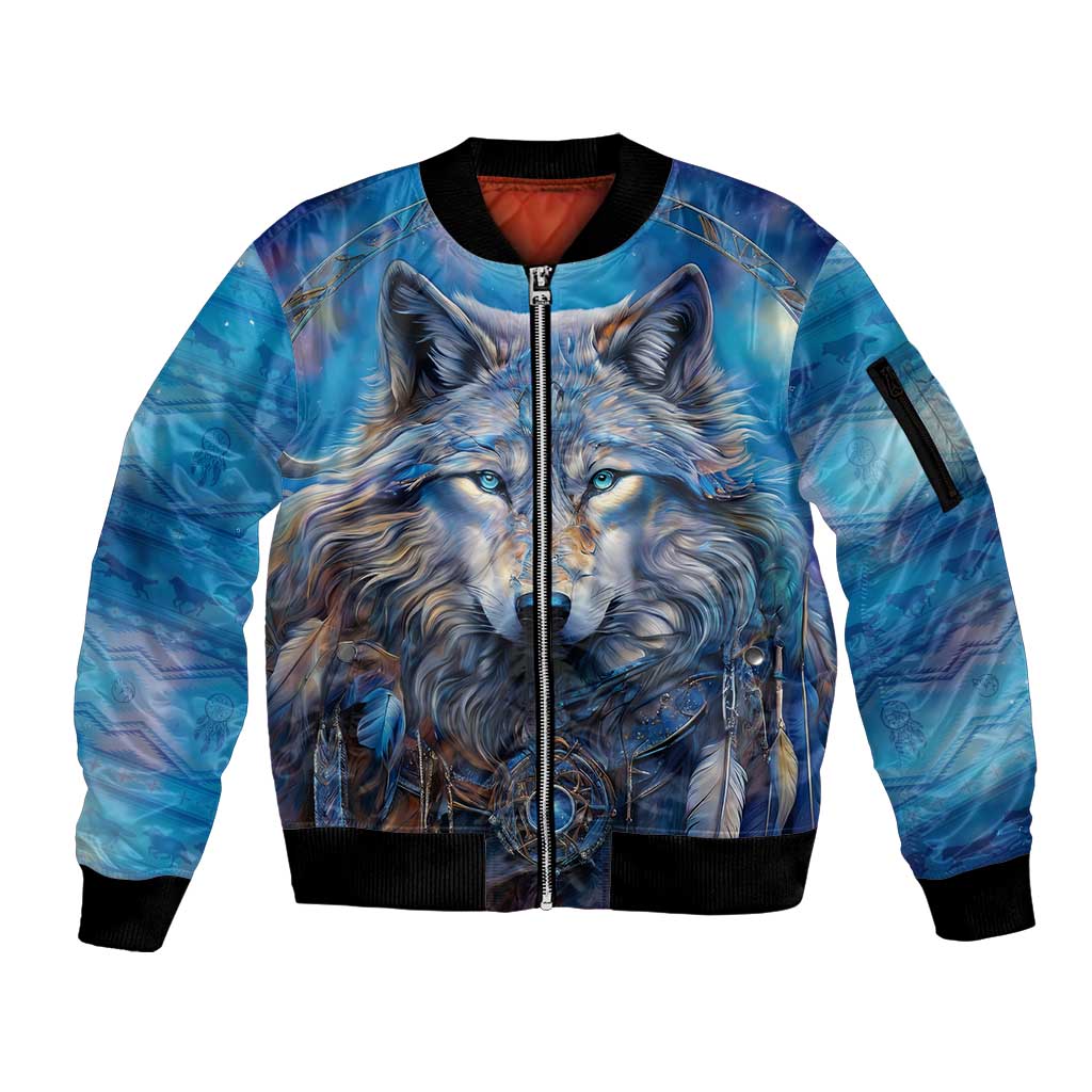 Beautiful Native American Wolf Sleeve Zip Bomber Jacket Galaxy Art - Wonder Print Shop