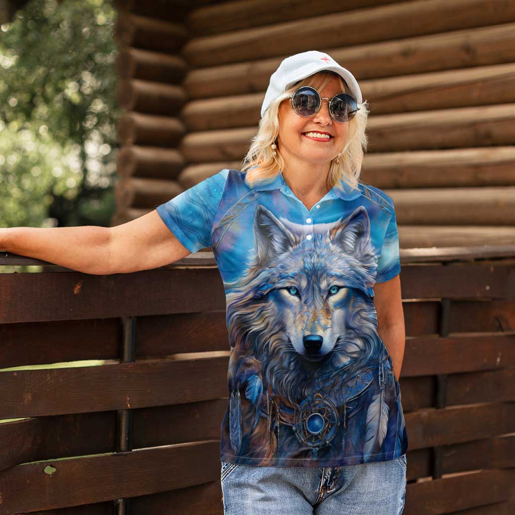 Beautiful Native American Wolf Women Polo Shirt Galaxy Art - Wonder Print Shop