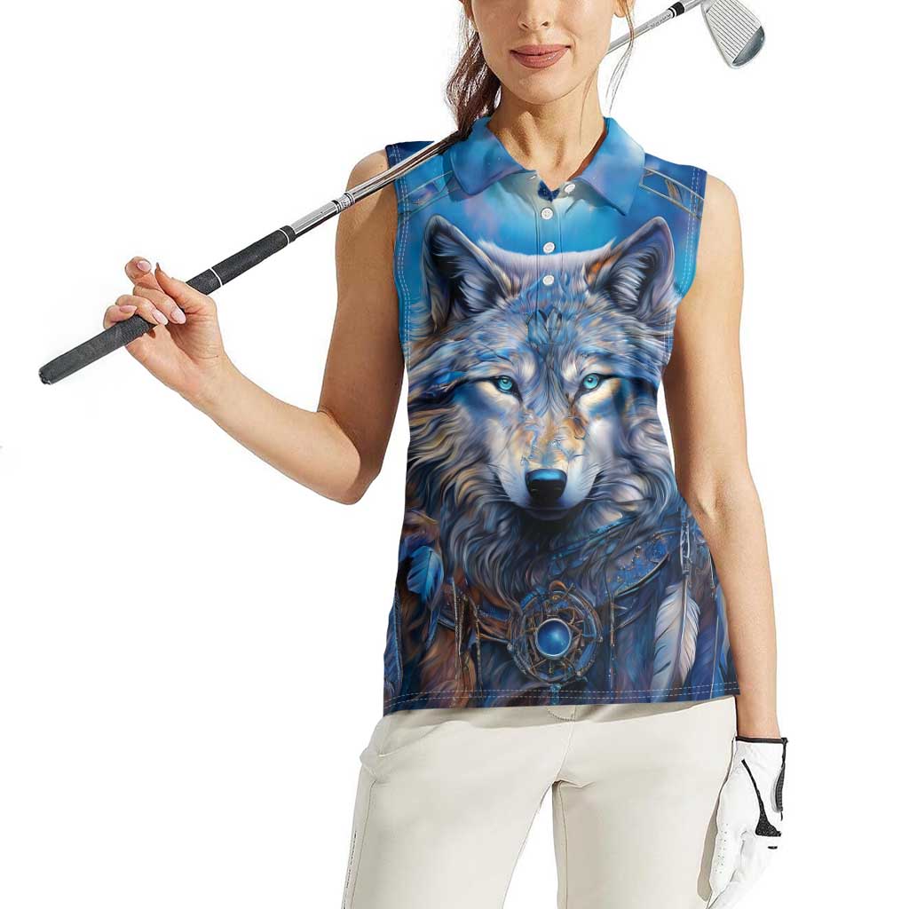 Beautiful Native American Wolf Women Sleeveless Polo Shirt Galaxy Art - Wonder Print Shop