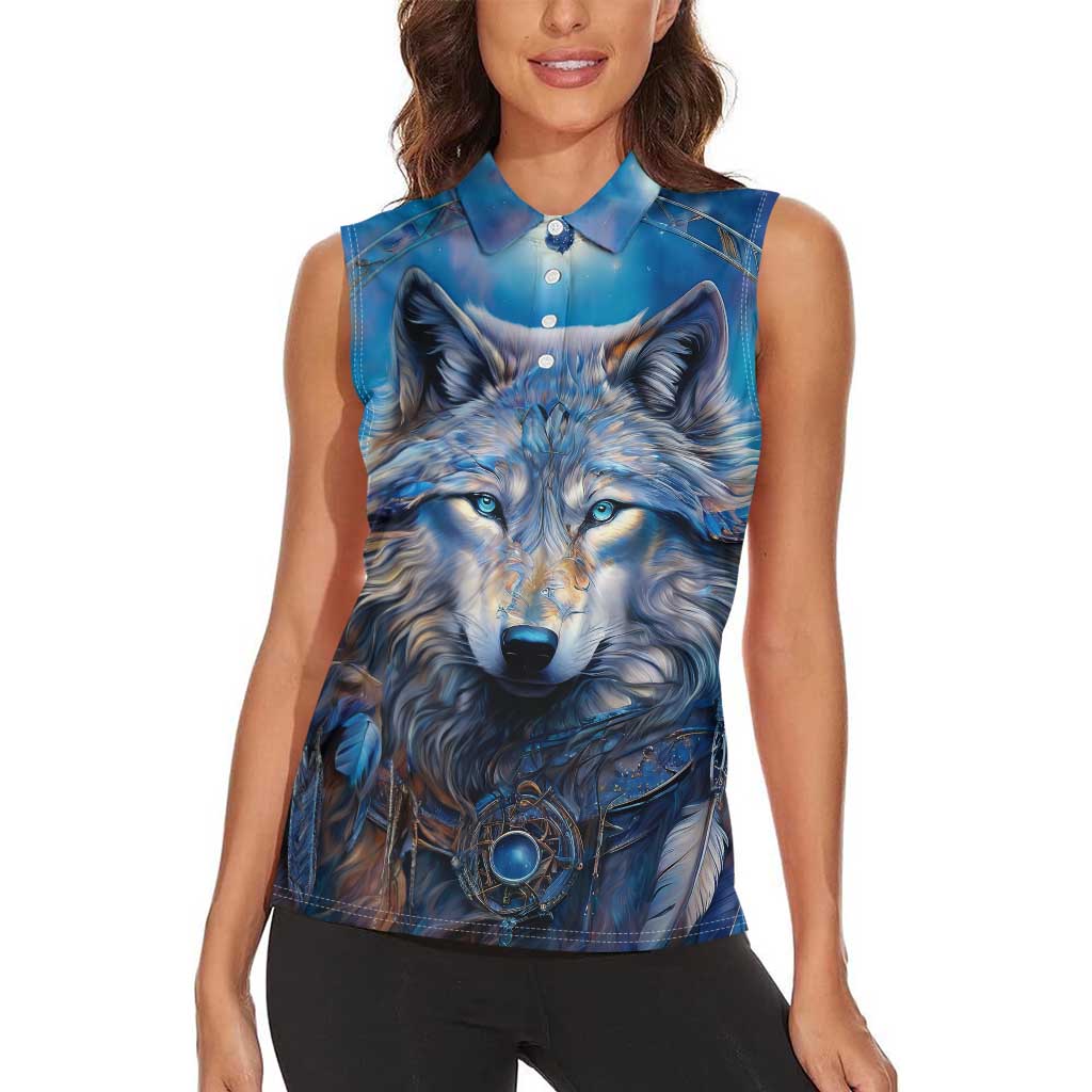 Beautiful Native American Wolf Women Sleeveless Polo Shirt Galaxy Art - Wonder Print Shop