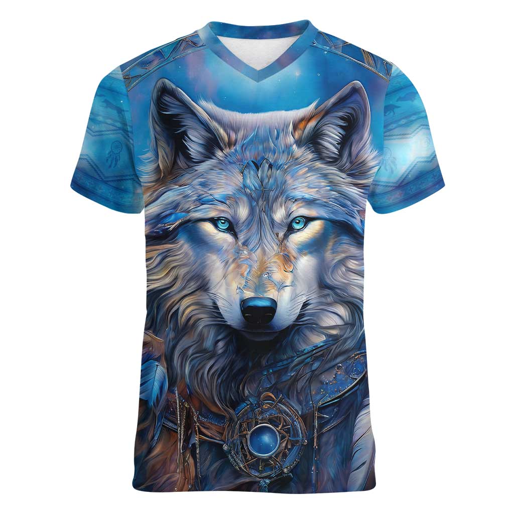 Beautiful Native American Wolf Women V-Neck T-Shirt Galaxy Art - Wonder Print Shop
