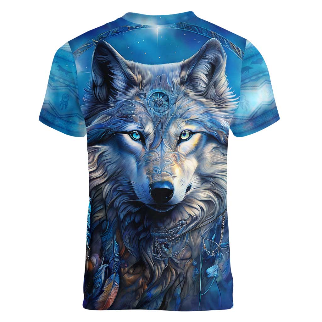 Beautiful Native American Wolf Women V-Neck T-Shirt Galaxy Art - Wonder Print Shop
