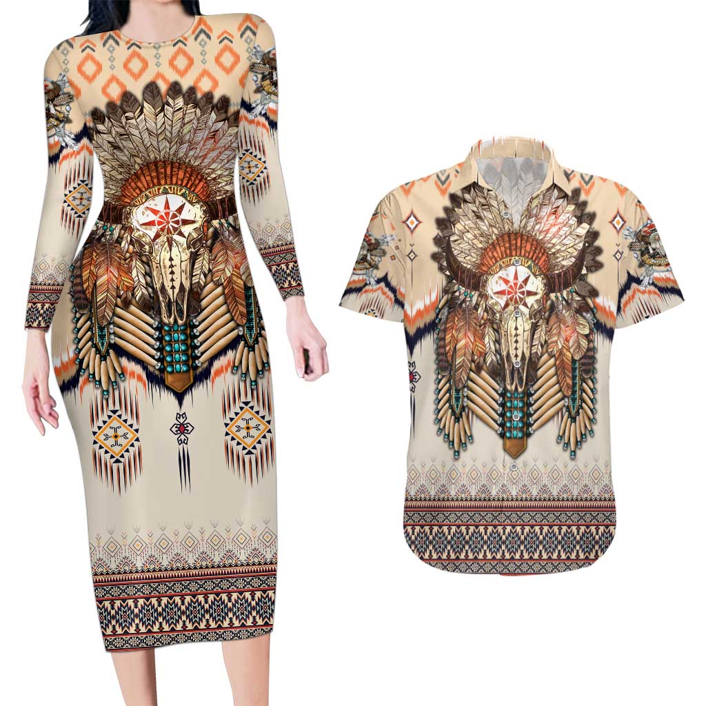 Native American Couples Matching Long Sleeve Bodycon Dress and Hawaiian Shirt Buffalo Skull - Wonder Print Shop