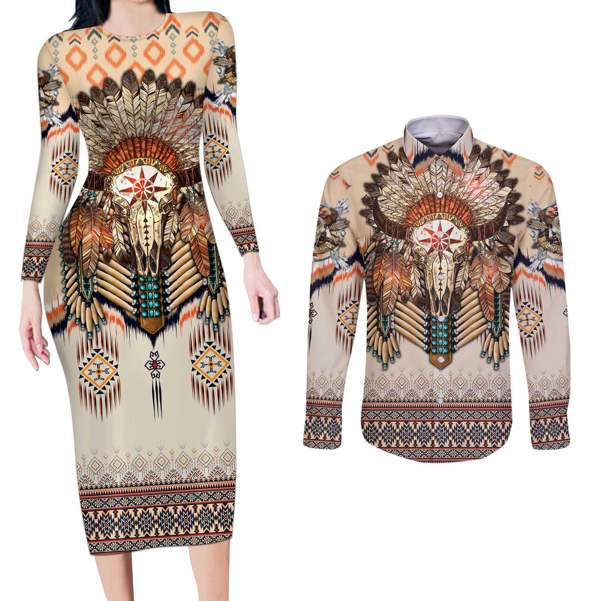 Native American Couples Matching Long Sleeve Bodycon Dress and Long Sleeve Button Shirt Buffalo Skull - Wonder Print Shop