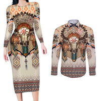 Native American Couples Matching Long Sleeve Bodycon Dress and Long Sleeve Button Shirt Buffalo Skull - Wonder Print Shop
