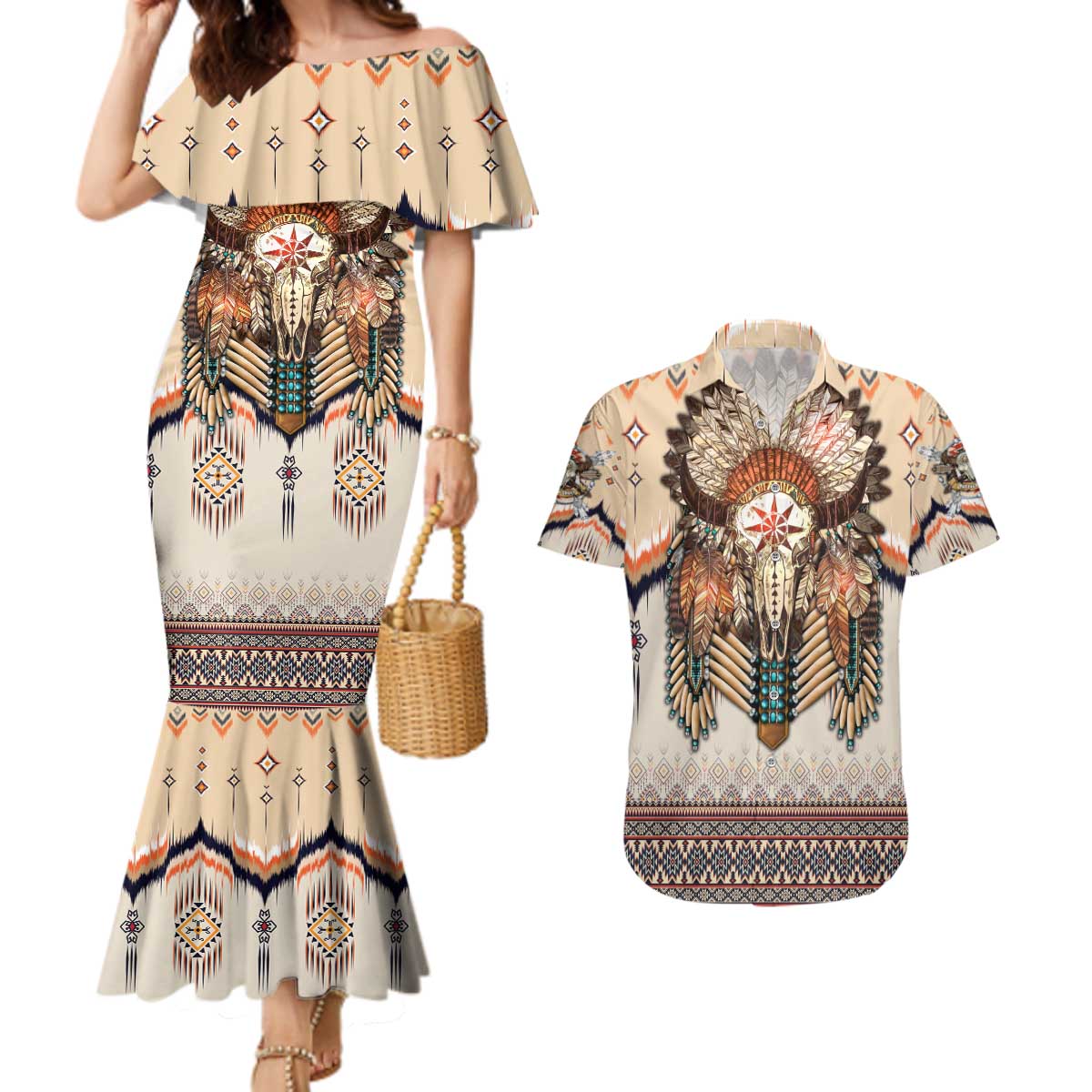 Native American Couples Matching Mermaid Dress and Hawaiian Shirt Buffalo Skull - Wonder Print Shop