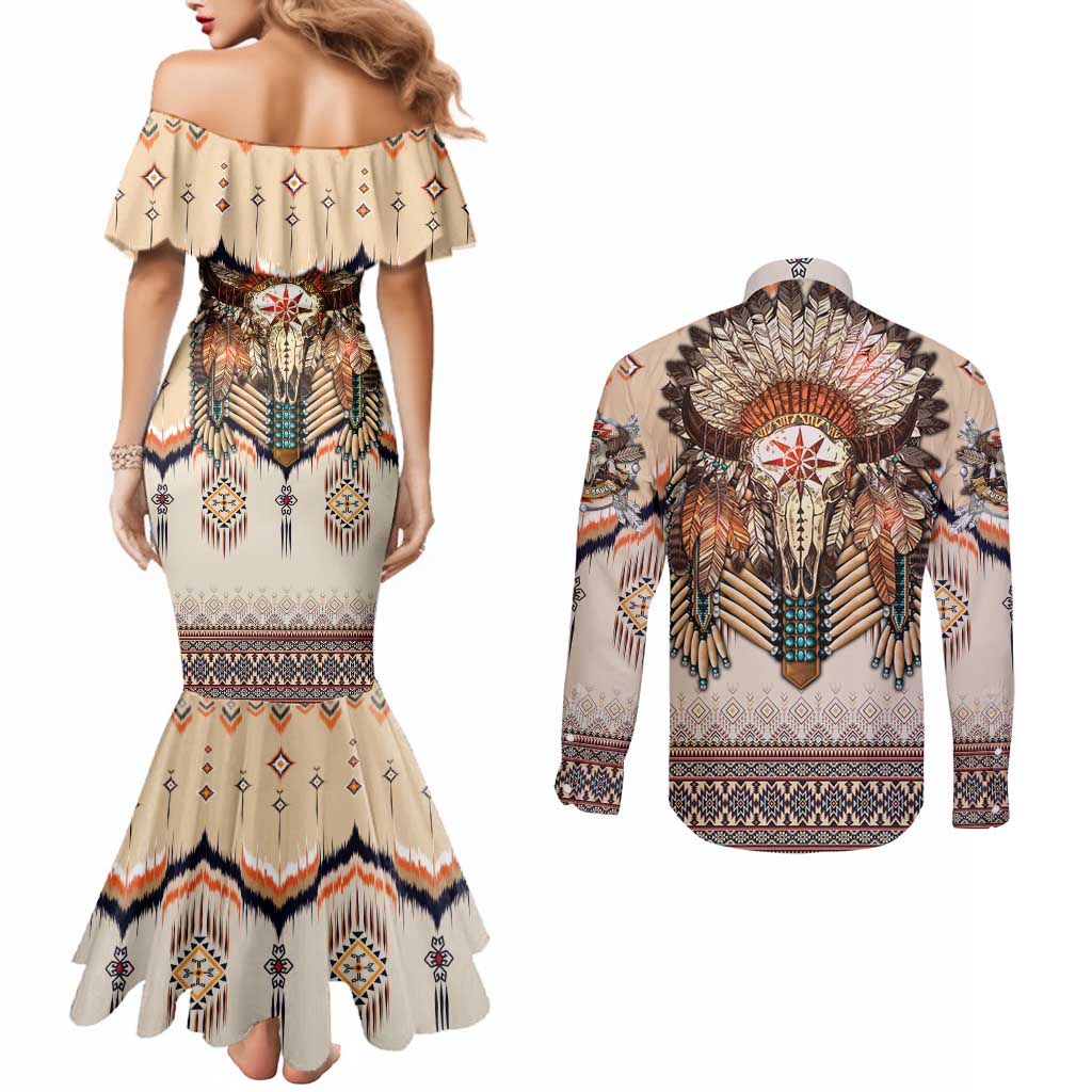 Native American Couples Matching Mermaid Dress and Long Sleeve Button Shirt Buffalo Skull