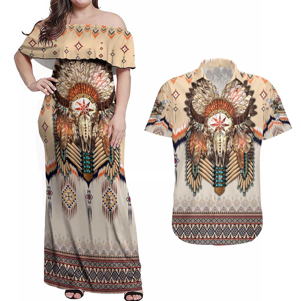 Native American Couples Matching Off Shoulder Maxi Dress and Hawaiian Shirt Buffalo Skull - Wonder Print Shop