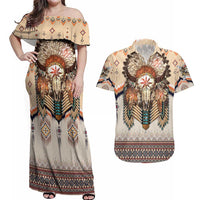 Native American Couples Matching Off Shoulder Maxi Dress and Hawaiian Shirt Buffalo Skull - Wonder Print Shop