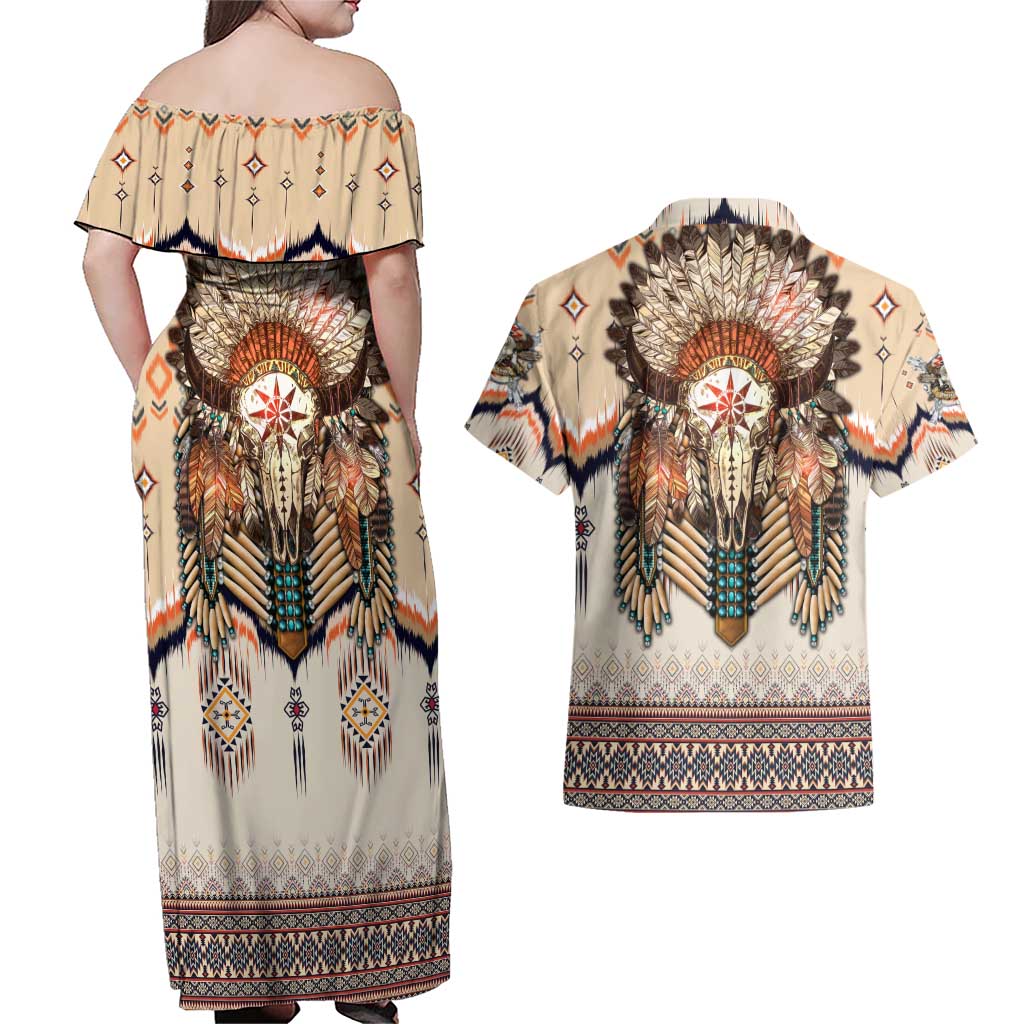 Native American Couples Matching Off Shoulder Maxi Dress and Hawaiian Shirt Buffalo Skull - Wonder Print Shop