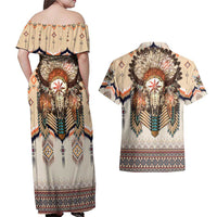 Native American Couples Matching Off Shoulder Maxi Dress and Hawaiian Shirt Buffalo Skull - Wonder Print Shop
