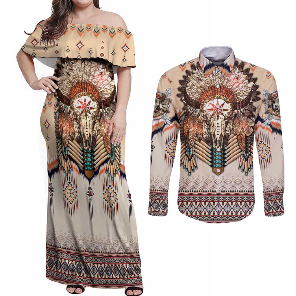 Native American Couples Matching Off Shoulder Maxi Dress and Long Sleeve Button Shirt Buffalo Skull - Wonder Print Shop