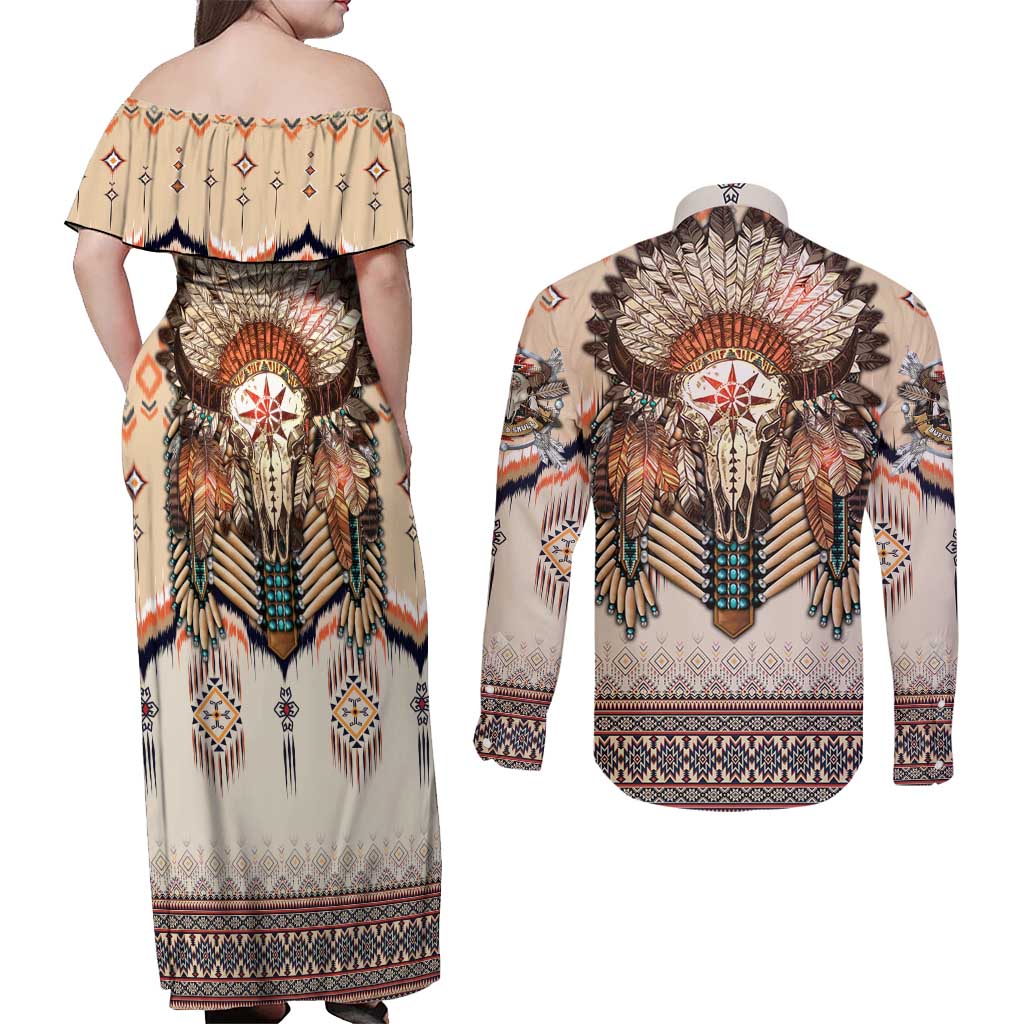 Native American Couples Matching Off Shoulder Maxi Dress and Long Sleeve Button Shirt Buffalo Skull - Wonder Print Shop