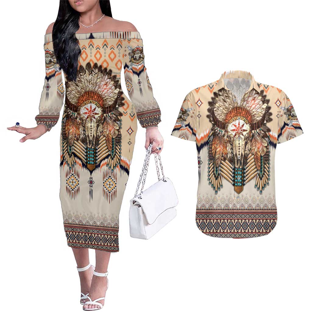 Native American Couples Matching Off The Shoulder Long Sleeve Dress and Hawaiian Shirt Buffalo Skull - Wonder Print Shop