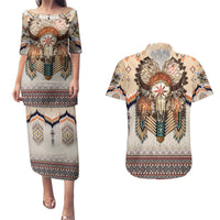 Native American Couples Matching Puletasi and Hawaiian Shirt Buffalo Skull - Wonder Print Shop