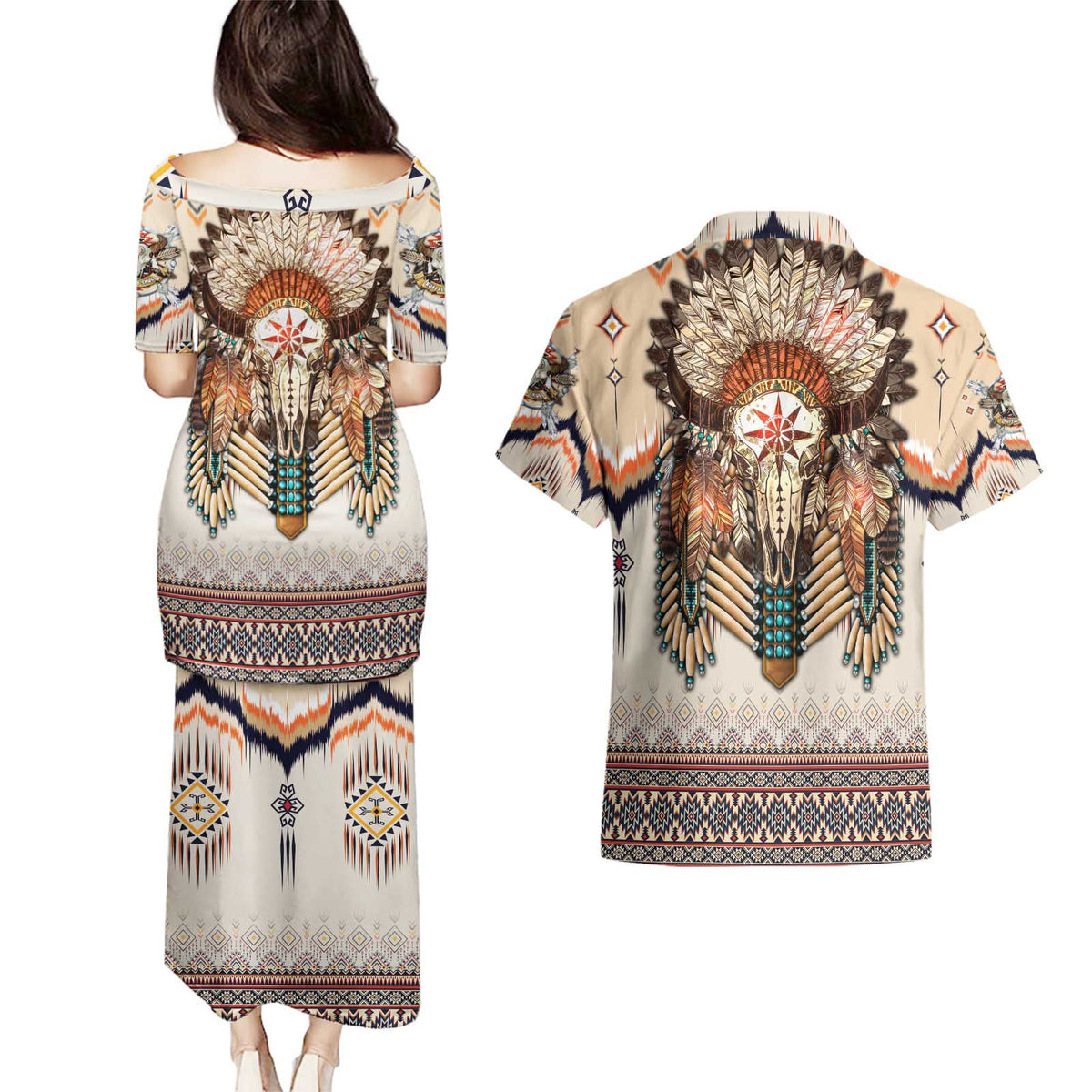 Native American Couples Matching Puletasi and Hawaiian Shirt Buffalo Skull - Wonder Print Shop