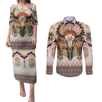 Native American Couples Matching Puletasi and Long Sleeve Button Shirt Buffalo Skull - Wonder Print Shop