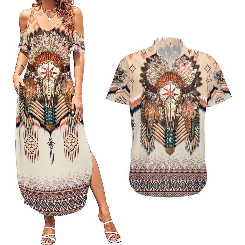 Native American Couples Matching Summer Maxi Dress and Hawaiian Shirt Buffalo Skull - Wonder Print Shop