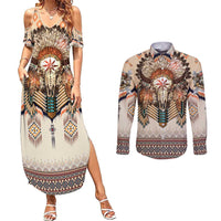 Native American Couples Matching Summer Maxi Dress and Long Sleeve Button Shirt Buffalo Skull - Wonder Print Shop