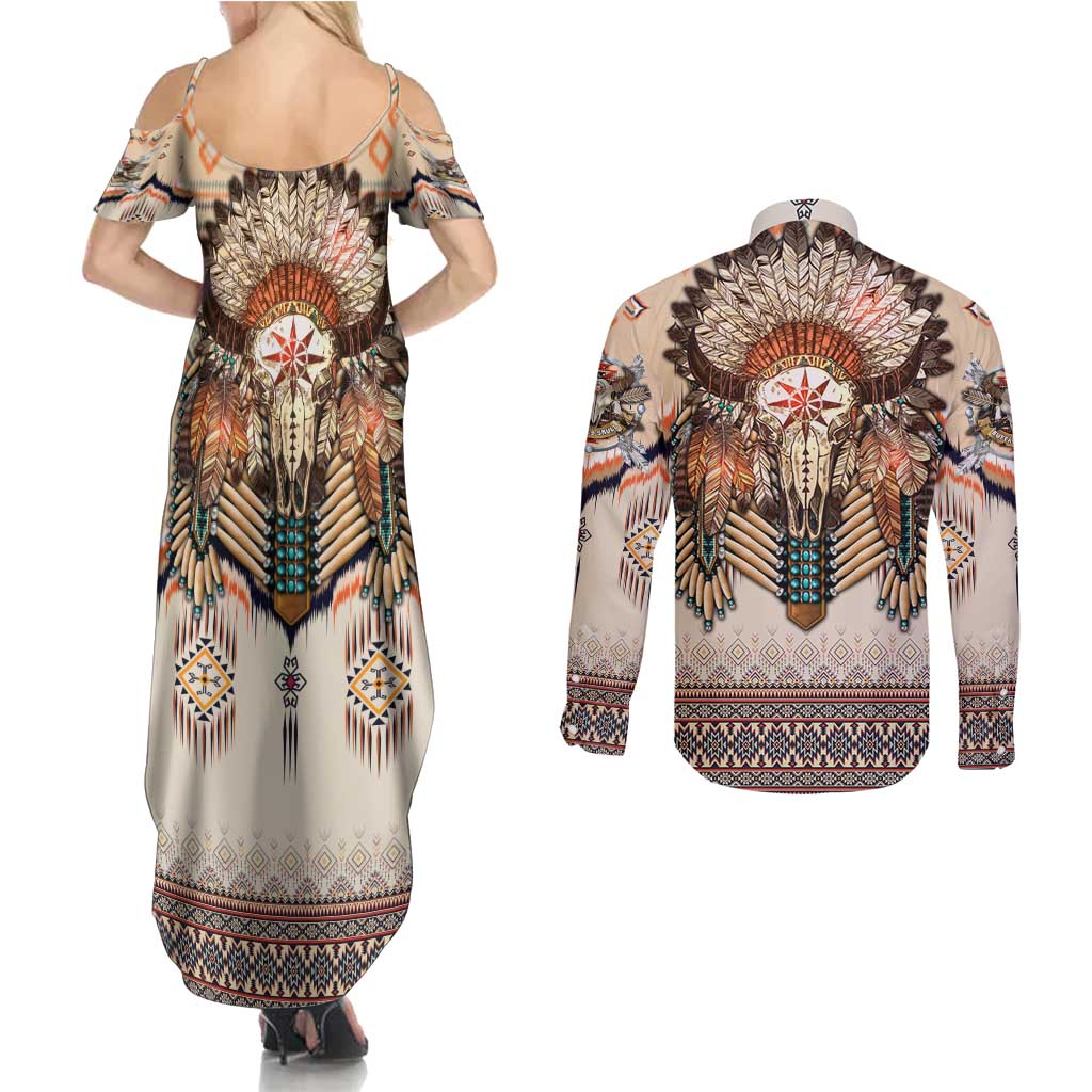 Native American Couples Matching Summer Maxi Dress and Long Sleeve Button Shirt Buffalo Skull - Wonder Print Shop