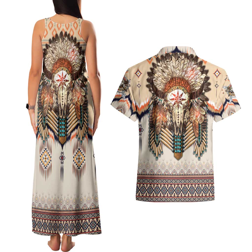 Native American Couples Matching Tank Maxi Dress and Hawaiian Shirt Buffalo Skull - Wonder Print Shop