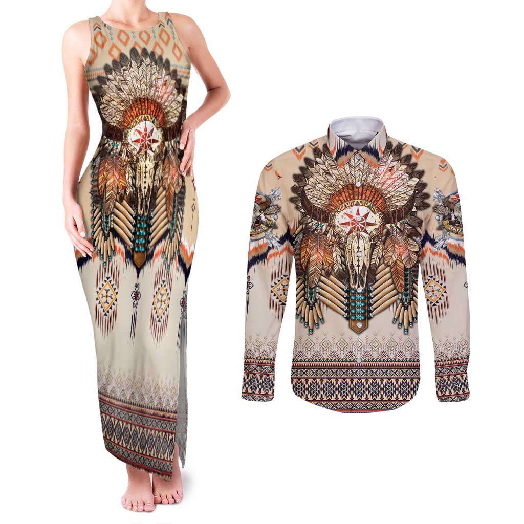 Native American Couples Matching Tank Maxi Dress and Long Sleeve Button Shirt Buffalo Skull - Wonder Print Shop