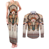 Native American Couples Matching Tank Maxi Dress and Long Sleeve Button Shirt Buffalo Skull - Wonder Print Shop