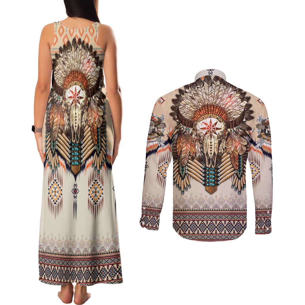 Native American Couples Matching Tank Maxi Dress and Long Sleeve Button Shirt Buffalo Skull - Wonder Print Shop