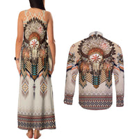 Native American Couples Matching Tank Maxi Dress and Long Sleeve Button Shirt Buffalo Skull - Wonder Print Shop