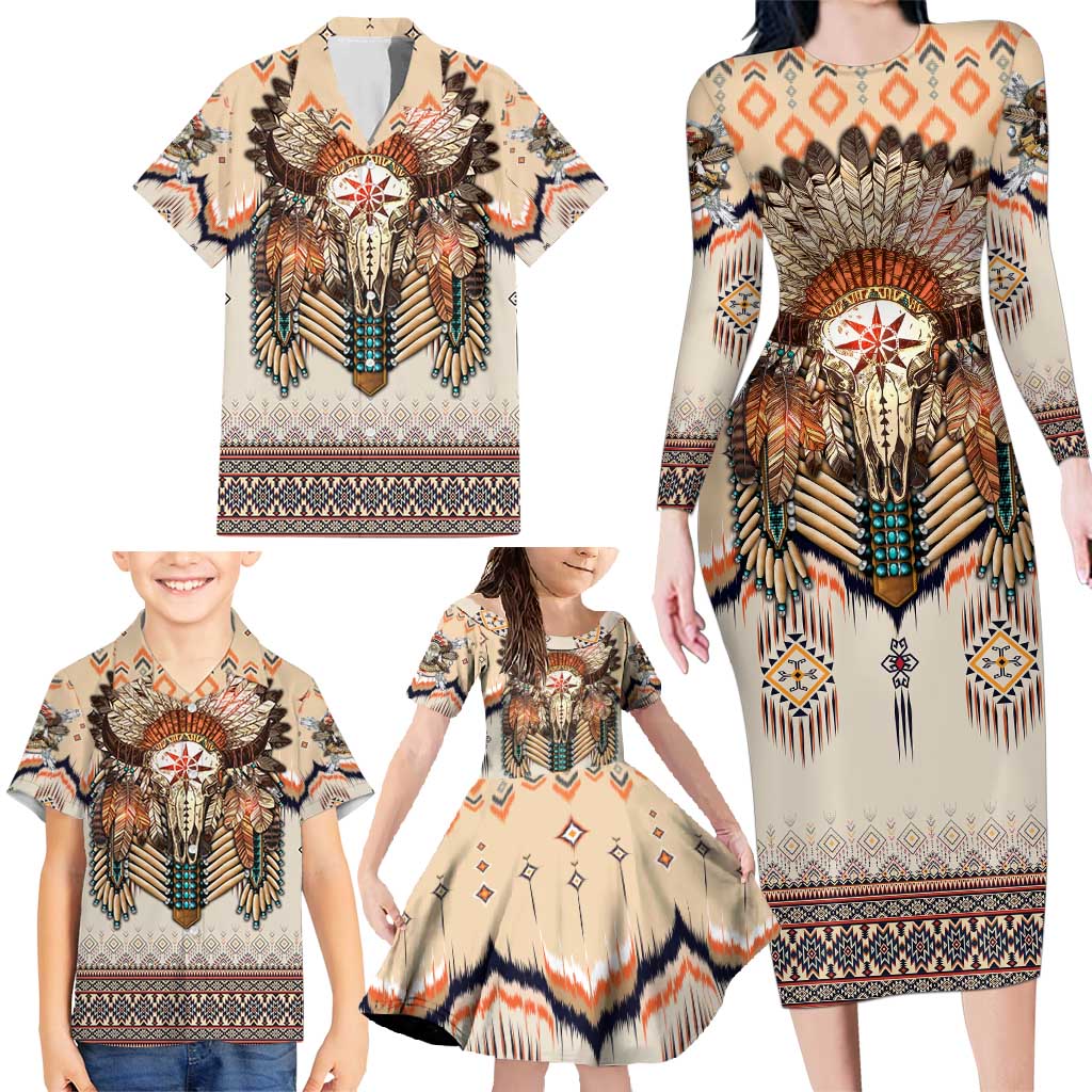 Native American Family Matching Long Sleeve Bodycon Dress and Hawaiian Shirt Buffalo Skull - Wonder Print Shop
