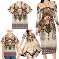 Native American Family Matching Long Sleeve Bodycon Dress and Hawaiian Shirt Buffalo Skull - Wonder Print Shop