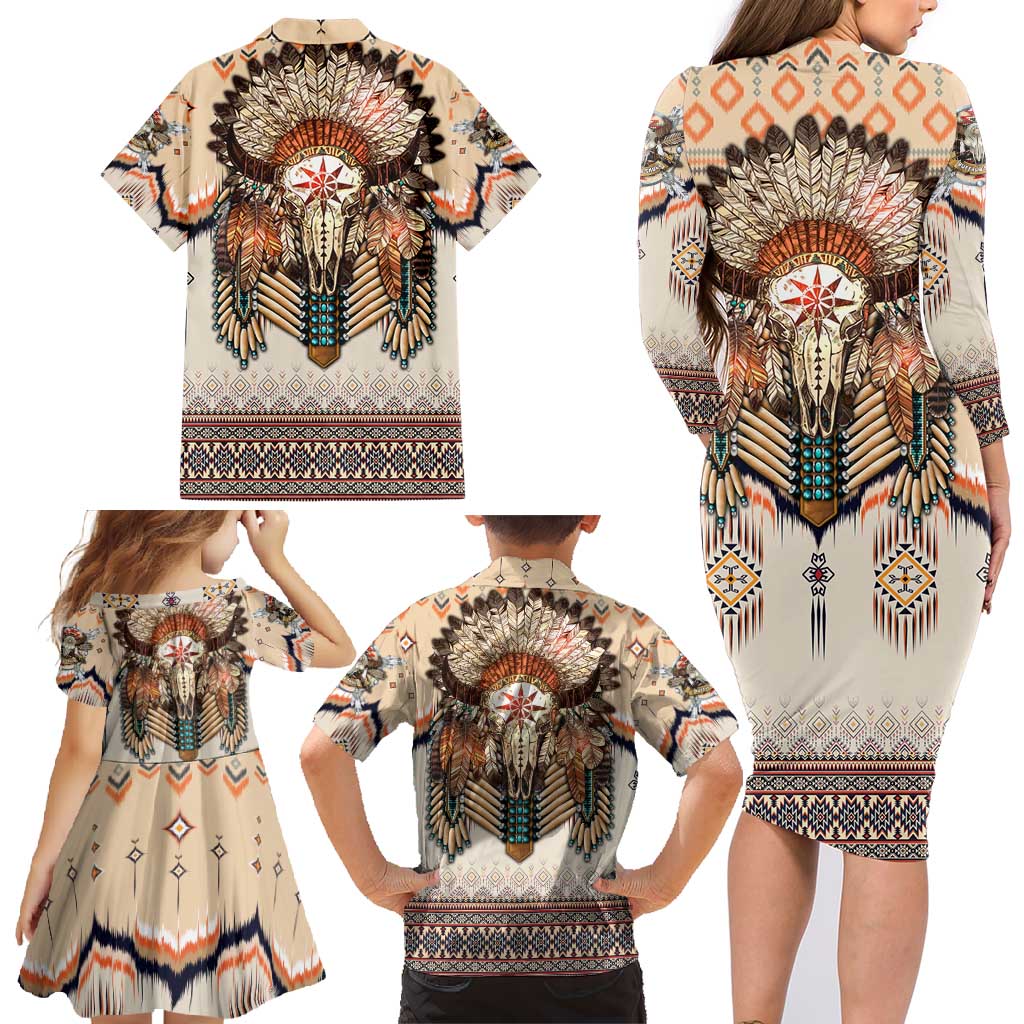 Native American Family Matching Long Sleeve Bodycon Dress and Hawaiian Shirt Buffalo Skull - Wonder Print Shop