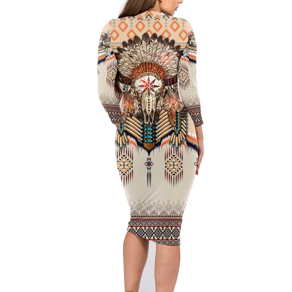 Native American Family Matching Long Sleeve Bodycon Dress and Hawaiian Shirt Buffalo Skull - Wonder Print Shop