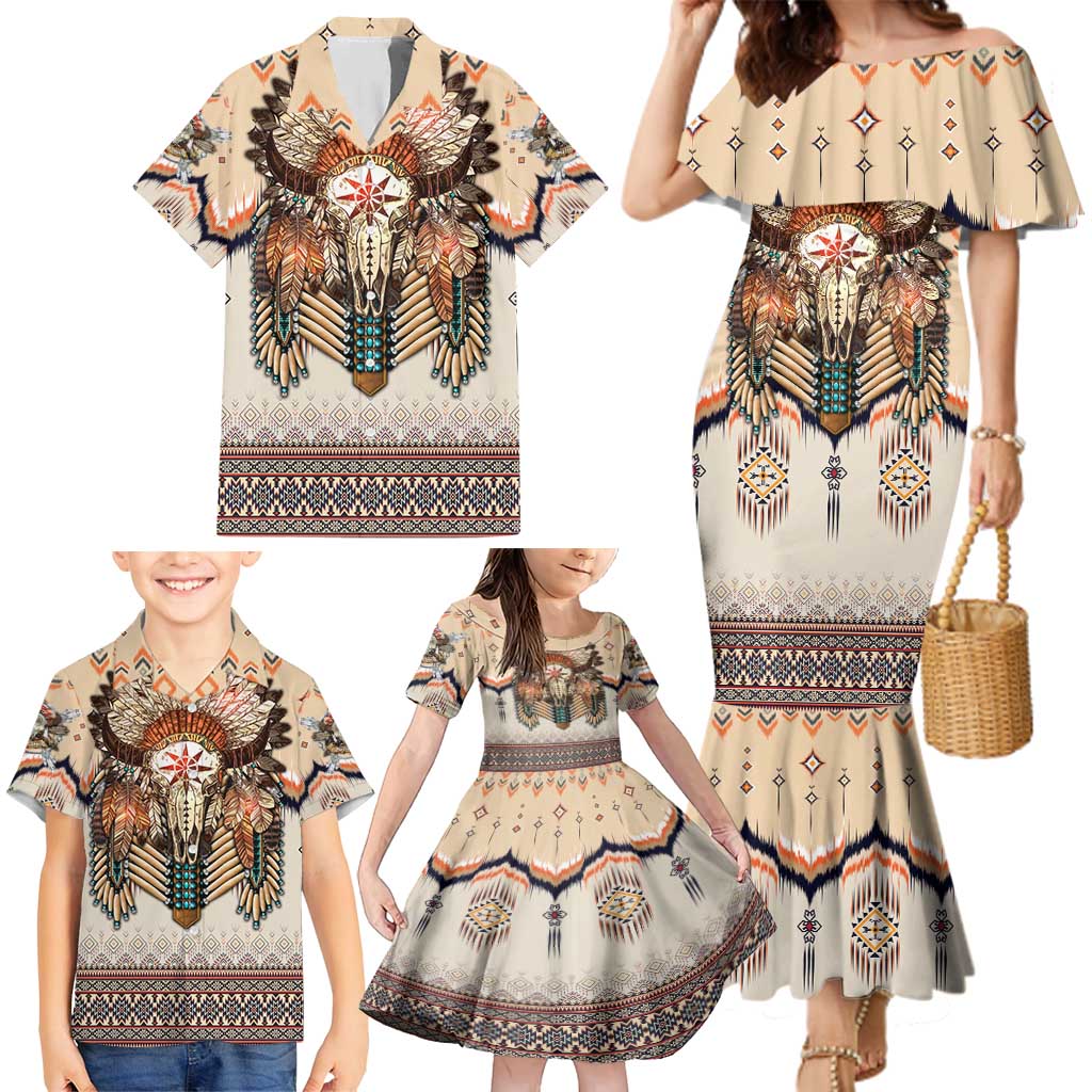 Native American Family Matching Mermaid Dress and Hawaiian Shirt Buffalo Skull - Wonder Print Shop