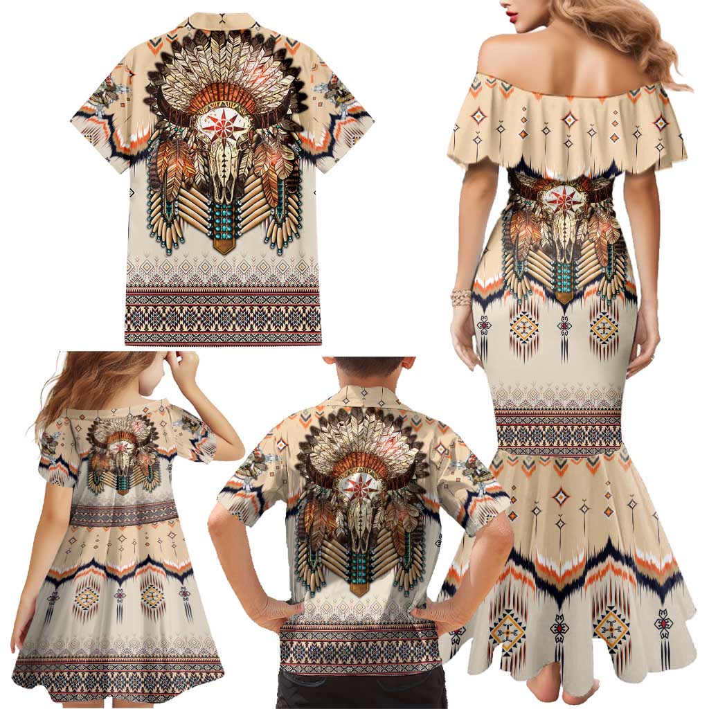 Native American Family Matching Mermaid Dress and Hawaiian Shirt Buffalo Skull - Wonder Print Shop