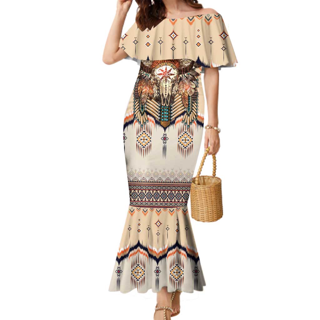 Native American Family Matching Mermaid Dress and Hawaiian Shirt Buffalo Skull - Wonder Print Shop
