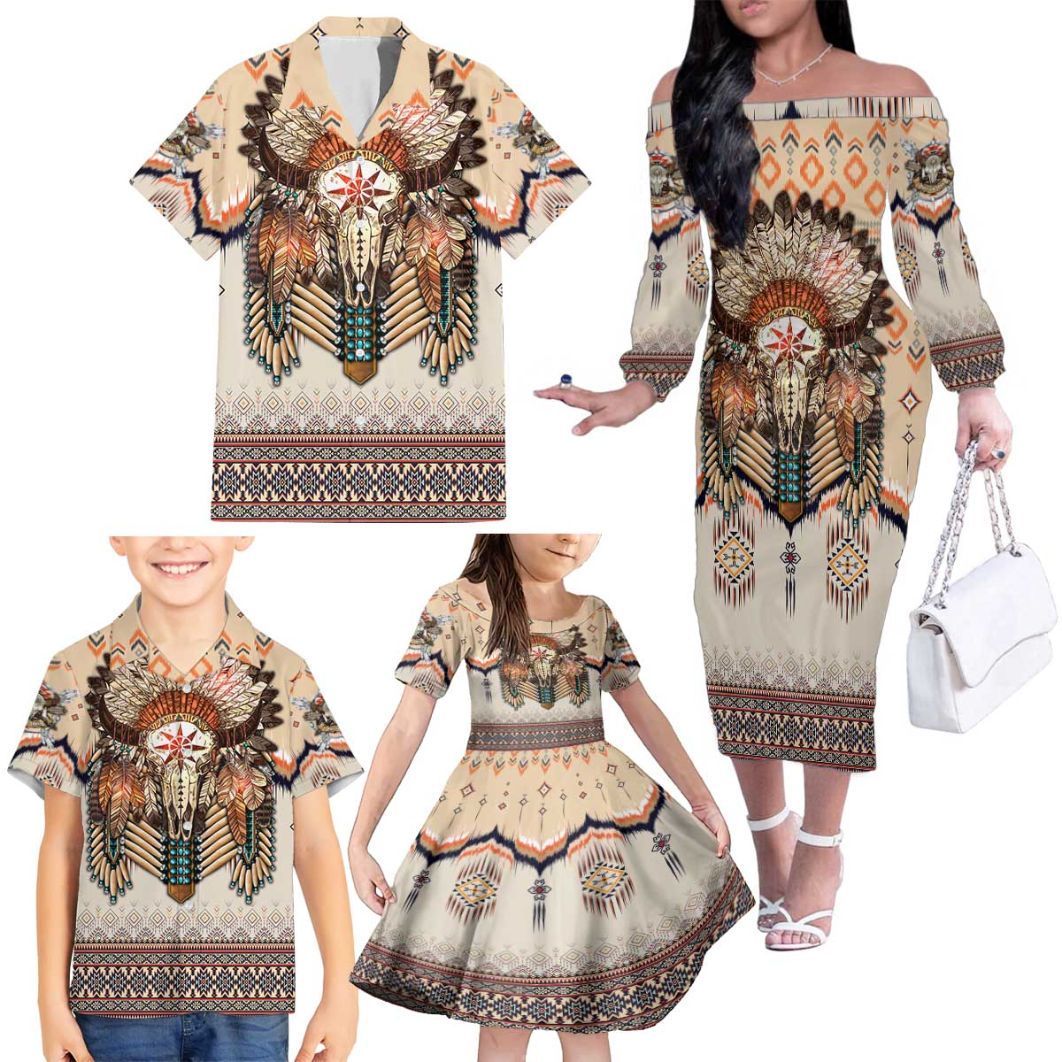 Native American Family Matching Off The Shoulder Long Sleeve Dress and Hawaiian Shirt Buffalo Skull - Wonder Print Shop