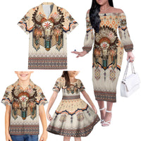 Native American Family Matching Off The Shoulder Long Sleeve Dress and Hawaiian Shirt Buffalo Skull - Wonder Print Shop