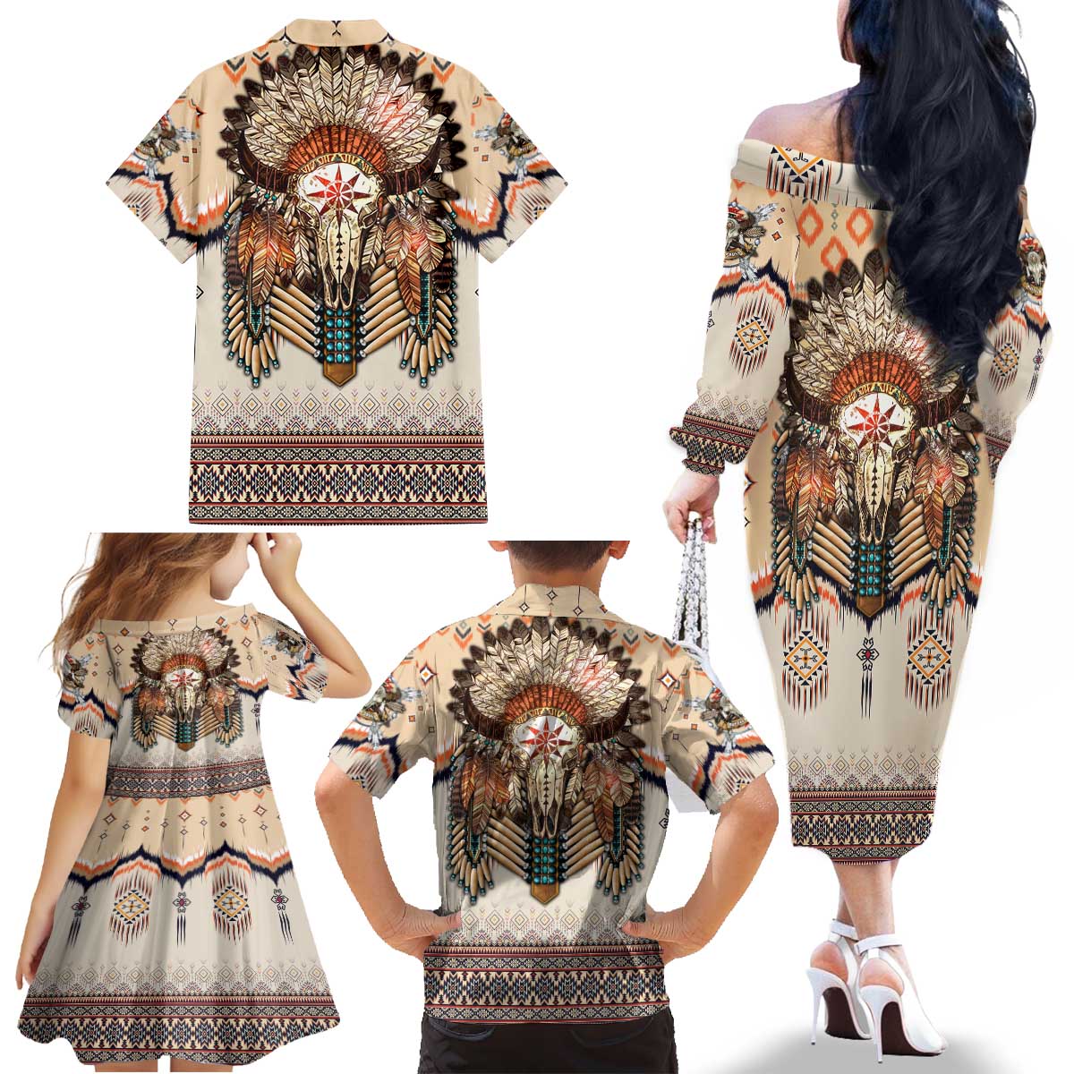 Native American Family Matching Off The Shoulder Long Sleeve Dress and Hawaiian Shirt Buffalo Skull - Wonder Print Shop