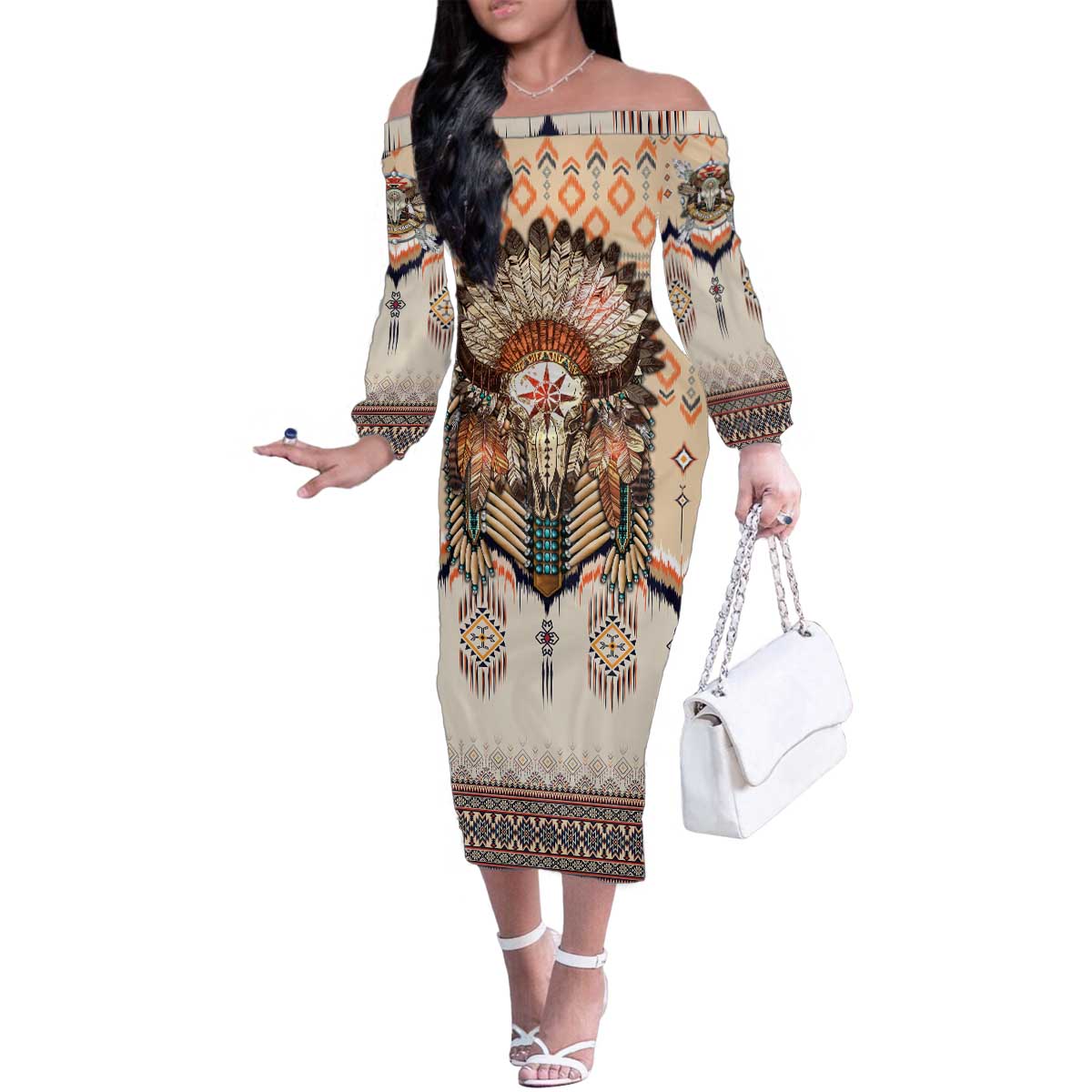 Native American Family Matching Off The Shoulder Long Sleeve Dress and Hawaiian Shirt Buffalo Skull - Wonder Print Shop