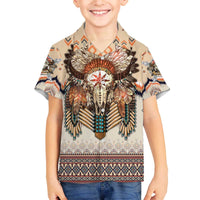 Native American Family Matching Off The Shoulder Long Sleeve Dress and Hawaiian Shirt Buffalo Skull - Wonder Print Shop