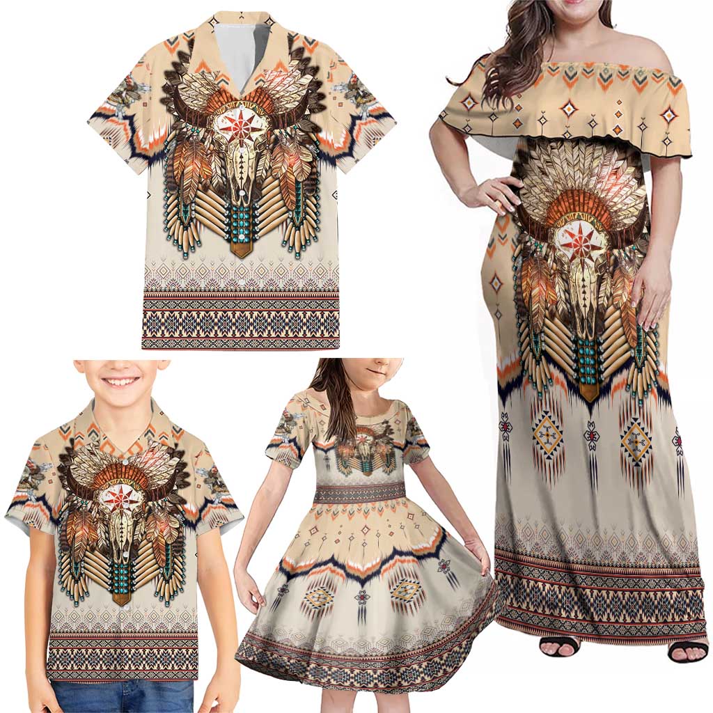Native American Family Matching Off Shoulder Maxi Dress and Hawaiian Shirt Buffalo Skull - Wonder Print Shop