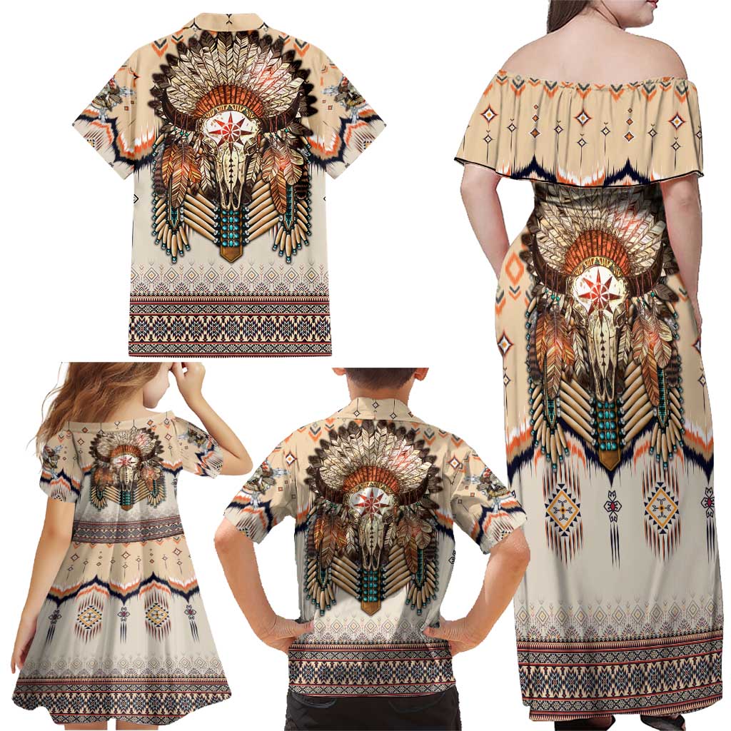 Native American Family Matching Off Shoulder Maxi Dress and Hawaiian Shirt Buffalo Skull - Wonder Print Shop
