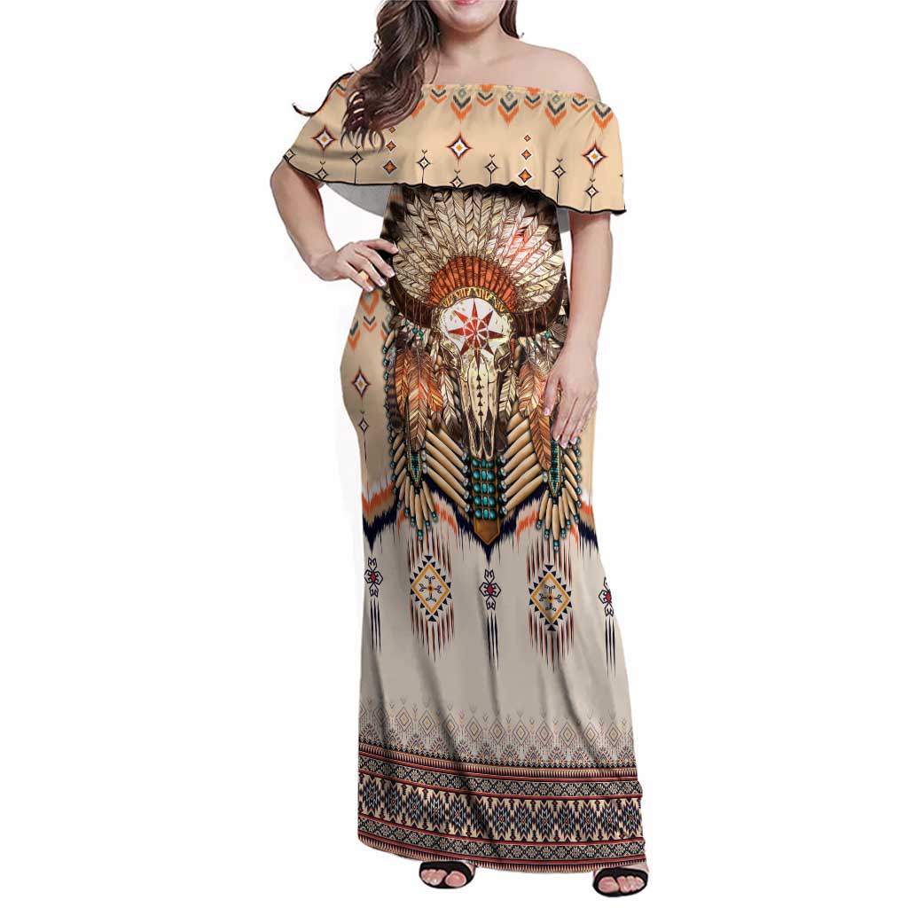 Native American Family Matching Off Shoulder Maxi Dress and Hawaiian Shirt Buffalo Skull - Wonder Print Shop