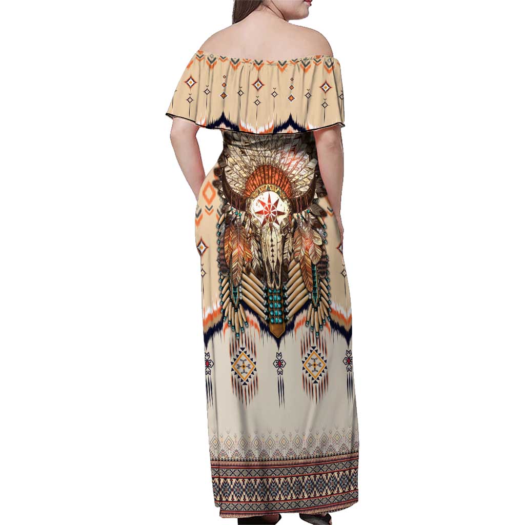 Native American Family Matching Off Shoulder Maxi Dress and Hawaiian Shirt Buffalo Skull - Wonder Print Shop