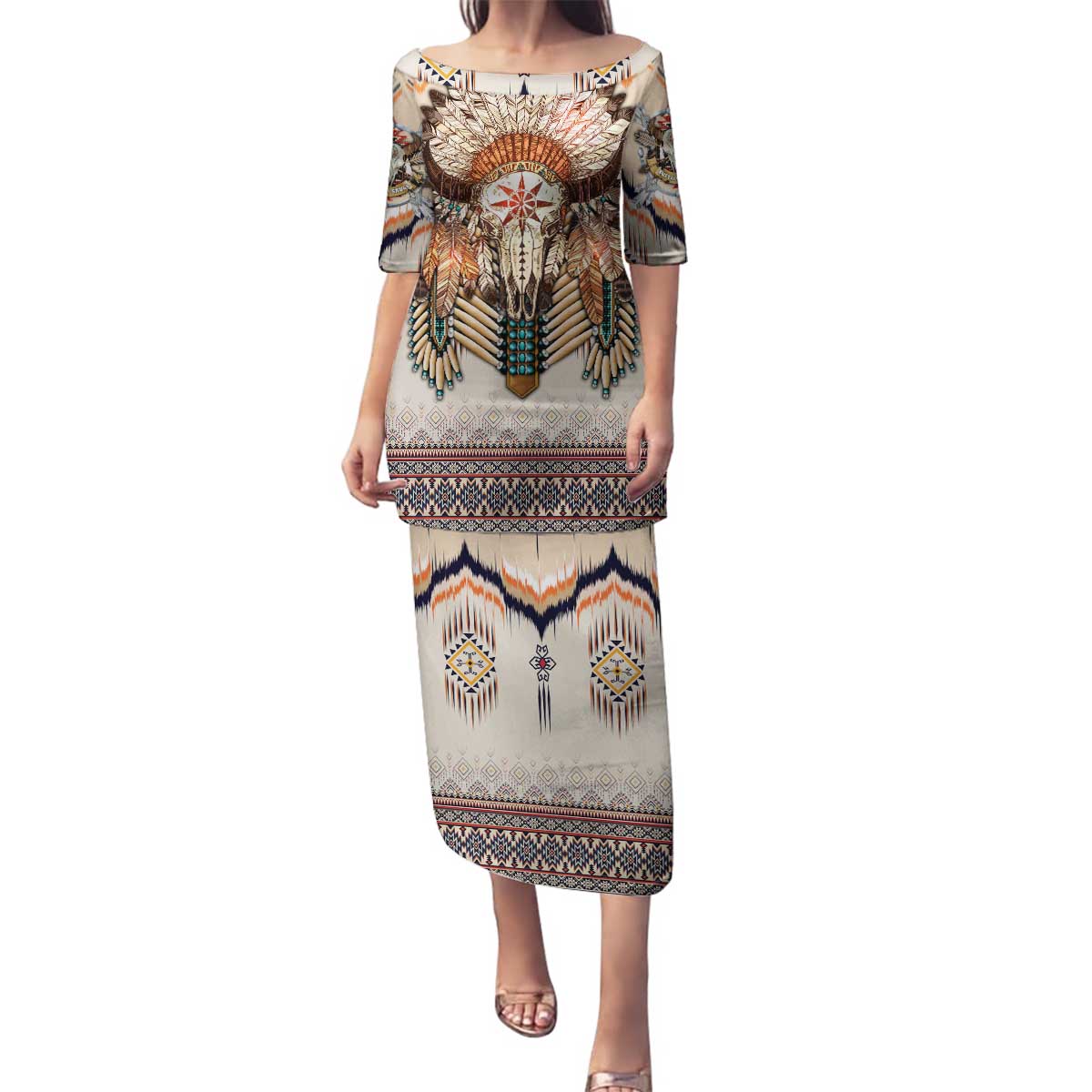 Native American Family Matching Puletasi and Hawaiian Shirt Buffalo Skull - Wonder Print Shop