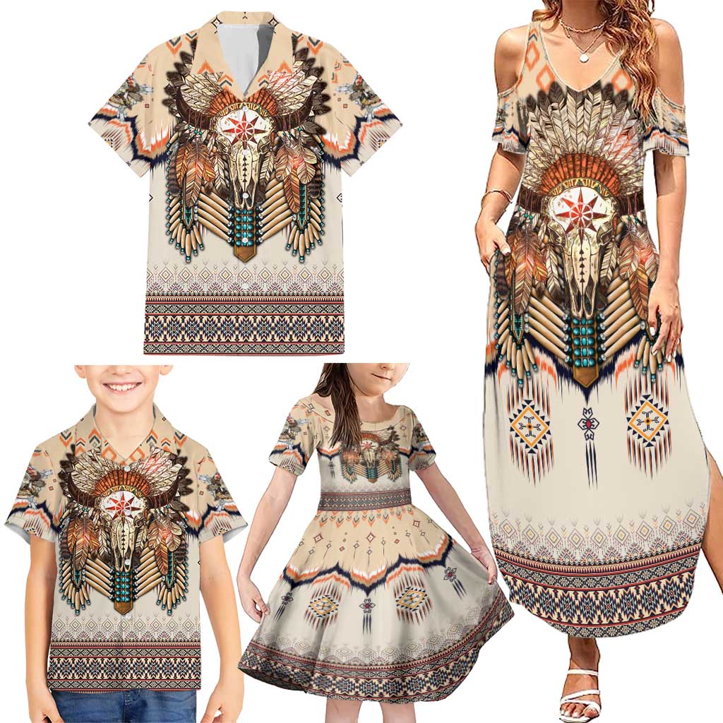 Native American Family Matching Summer Maxi Dress and Hawaiian Shirt Buffalo Skull - Wonder Print Shop