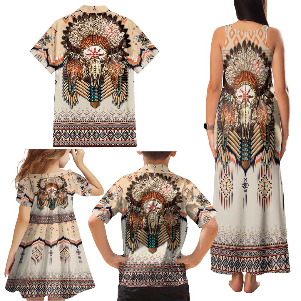 Native American Family Matching Tank Maxi Dress and Hawaiian Shirt Buffalo Skull - Wonder Print Shop