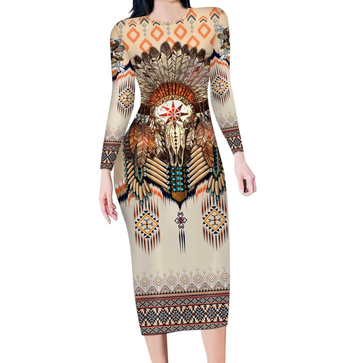 Native American Long Sleeve Bodycon Dress Buffalo Skull - Wonder Print Shop