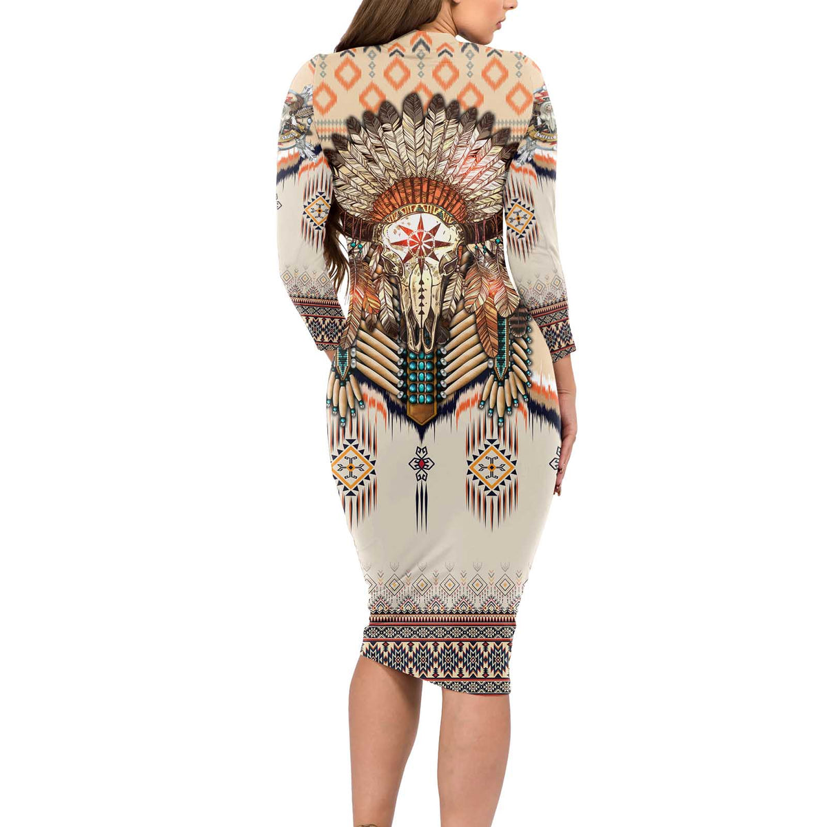 Native American Long Sleeve Bodycon Dress Buffalo Skull - Wonder Print Shop